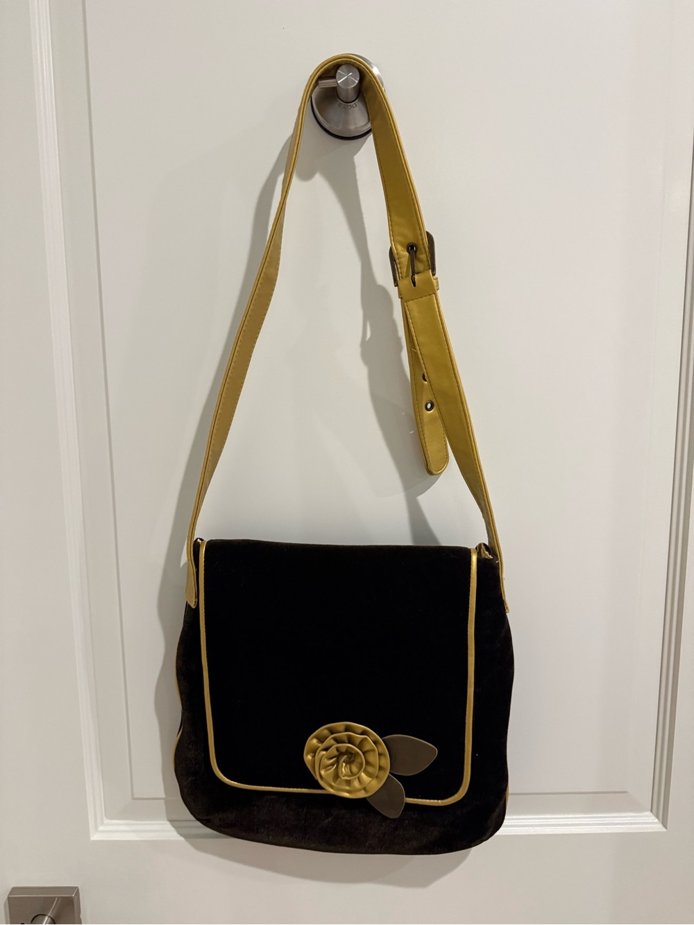 Brown and Mustard Vintage Floral Accent Crossbody Bag